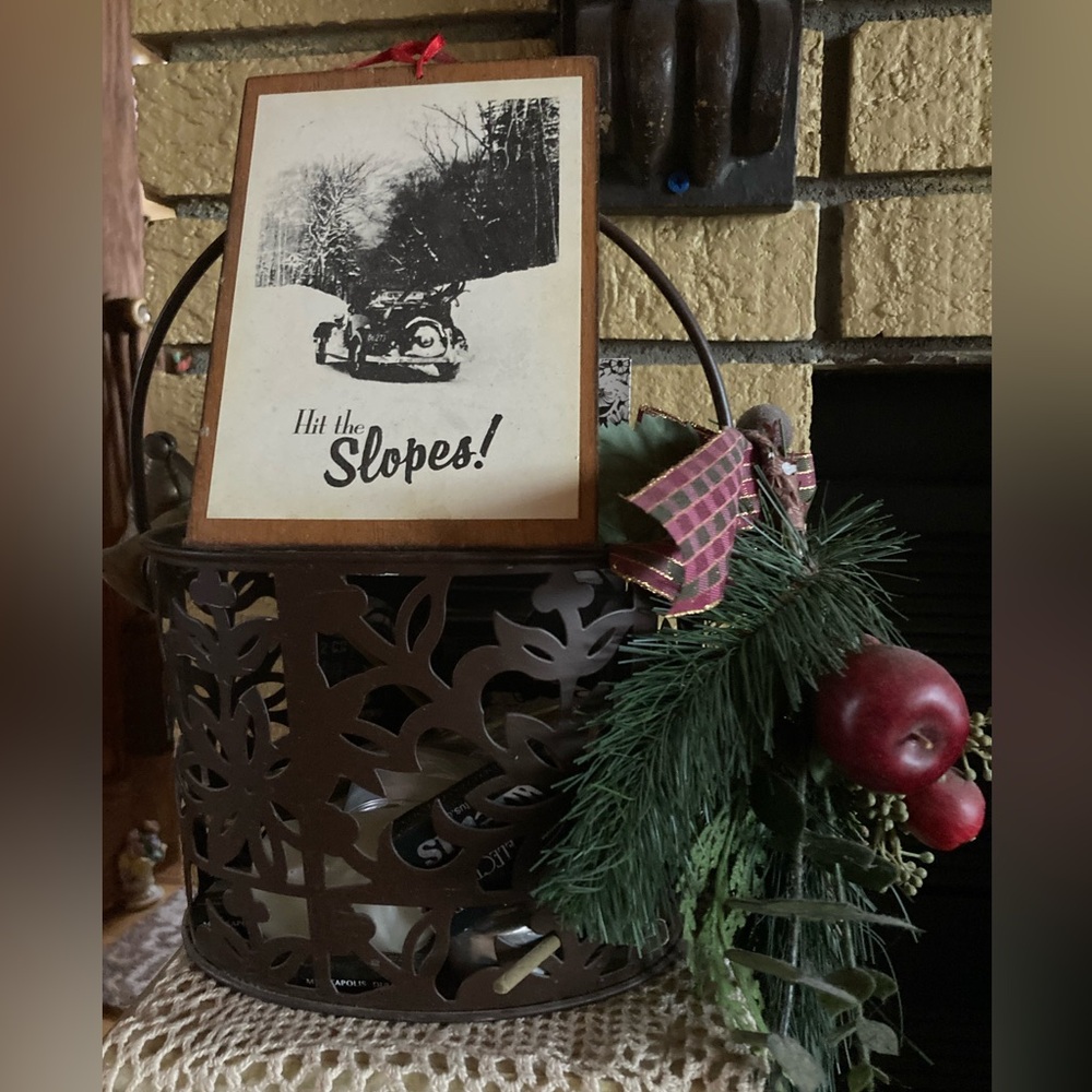 Metal Basket W/ handle & Winter Floral Plus “Hit the Slopes” Wooden Postcard